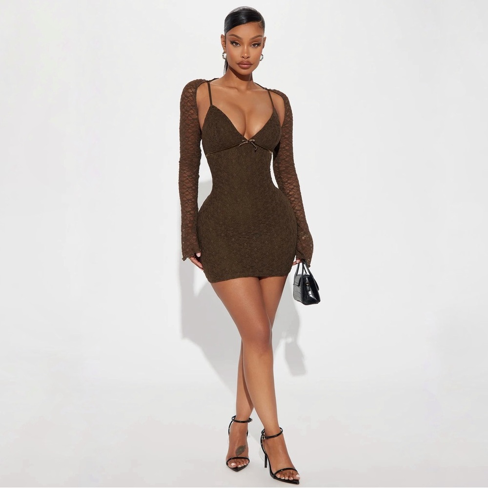 Lace Micro Mini and bolero dress set - Chocolate fashion nova brand new